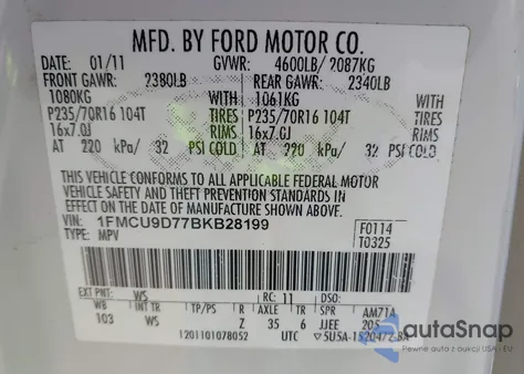 2011 Ford Escape Xlt z USA, uszkodzony, nr VIN 1FMCU9D77BKB28199